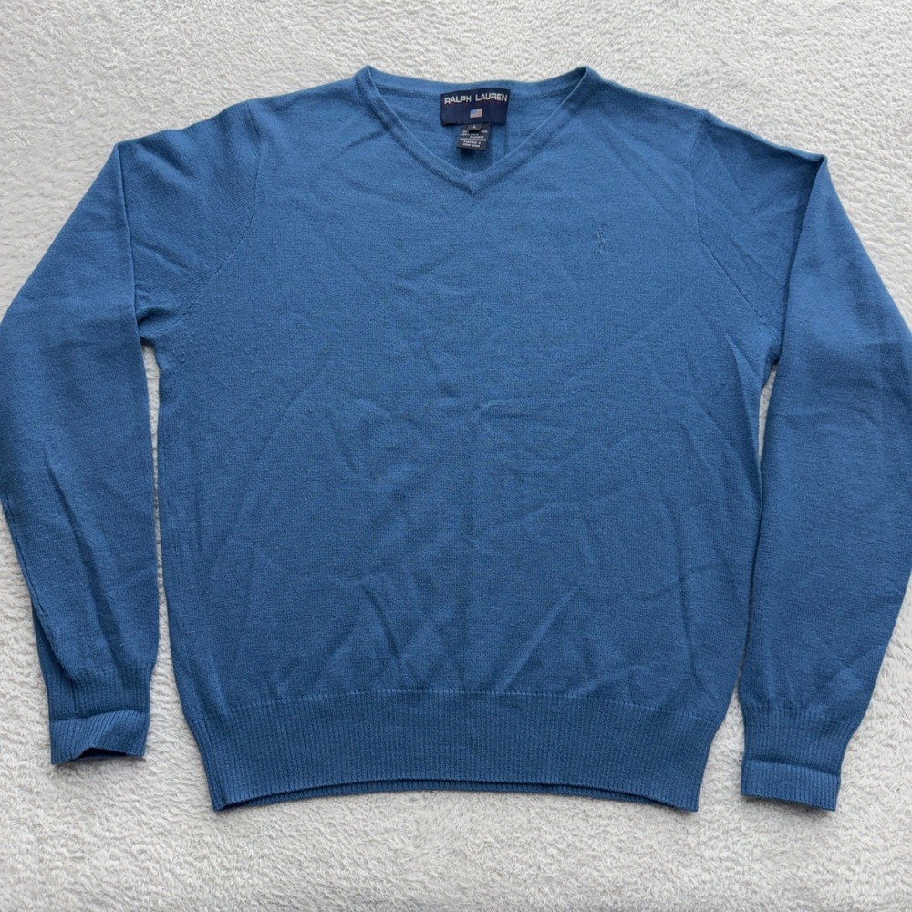 Ralph Lauren Polo Sport Blue V-Neck Lambswool Sweater Mens‎ Large Vintage 90s
